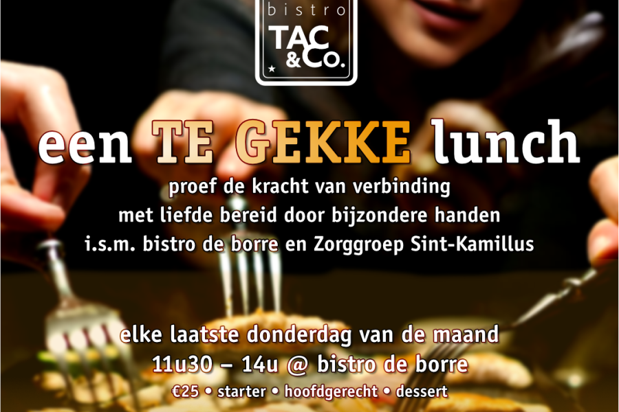 flyer "een te gekke lunch" met een foto van mensen die met hun vork in eten prikken